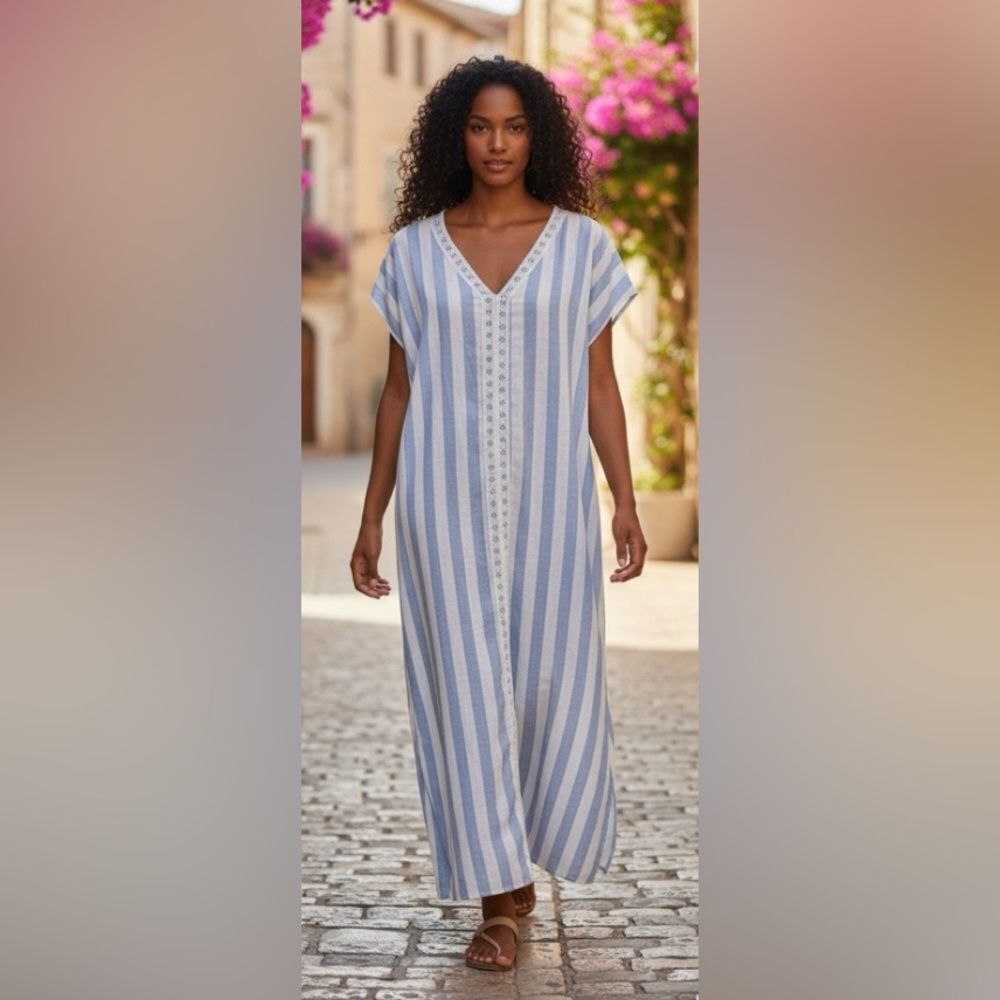 Emery Rose blue and white striped cotton maxi dress, size XL
